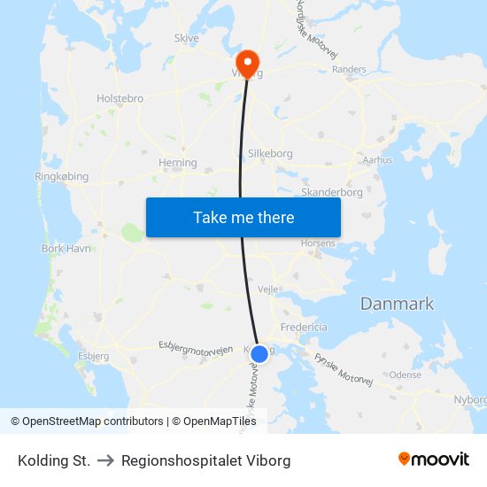 Kolding St. to Regionshospitalet Viborg map