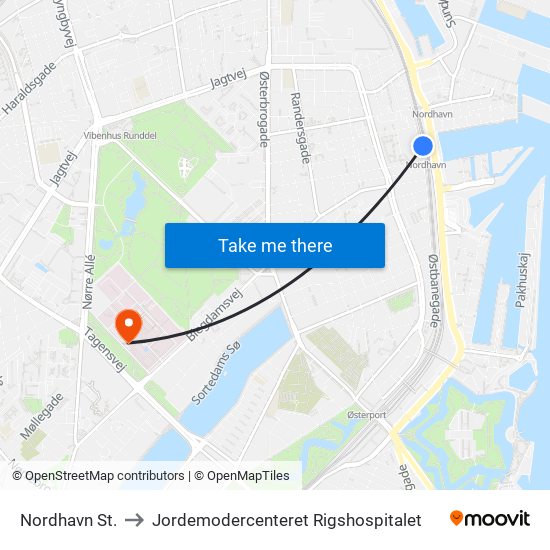 Nordhavn St. to Jordemodercenteret Rigshospitalet map