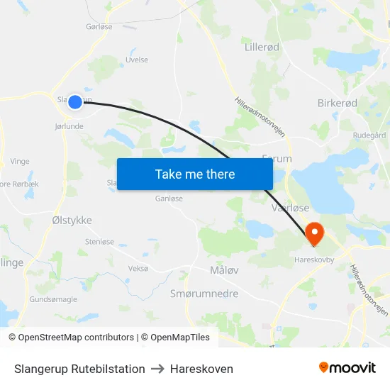 Slangerup Rutebilstation to Hareskoven map