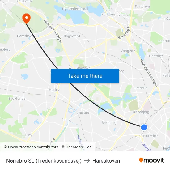 Nørrebro St. (Frederikssundsvej) to Hareskoven map