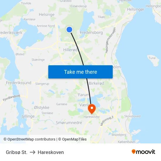 Gribsø St. to Hareskoven map