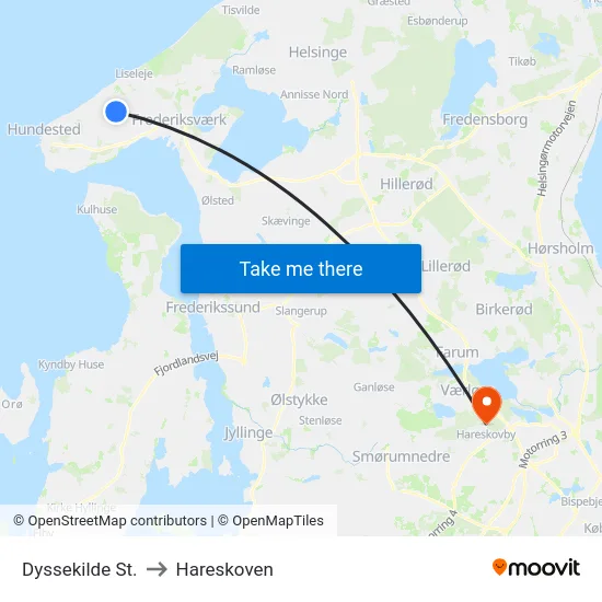 Dyssekilde St. to Hareskoven map