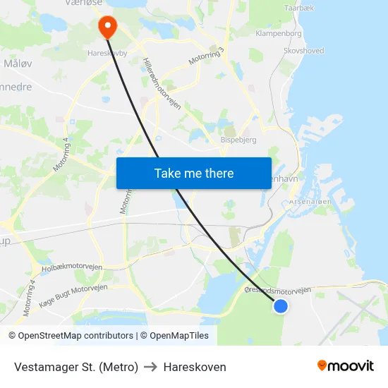 Vestamager St. (Metro) to Hareskoven map