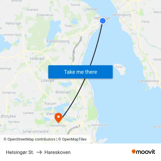 Helsingør St. to Hareskoven map
