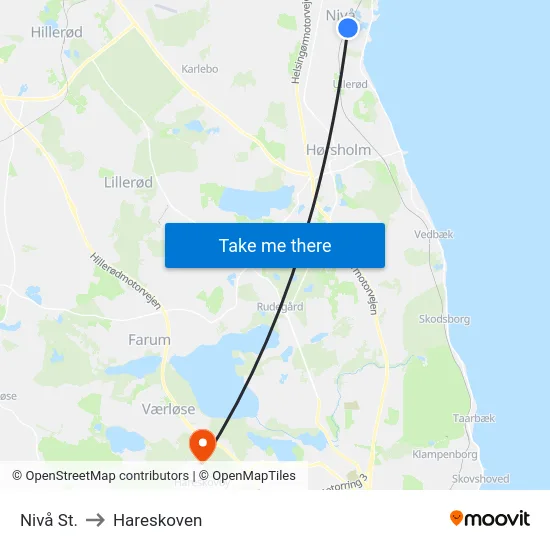 Nivå St. to Hareskoven map