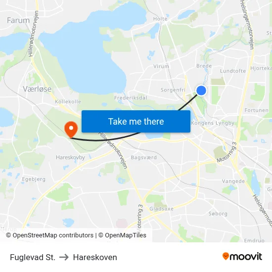 Fuglevad St. to Hareskoven map