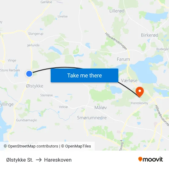 Ølstykke St. to Hareskoven map