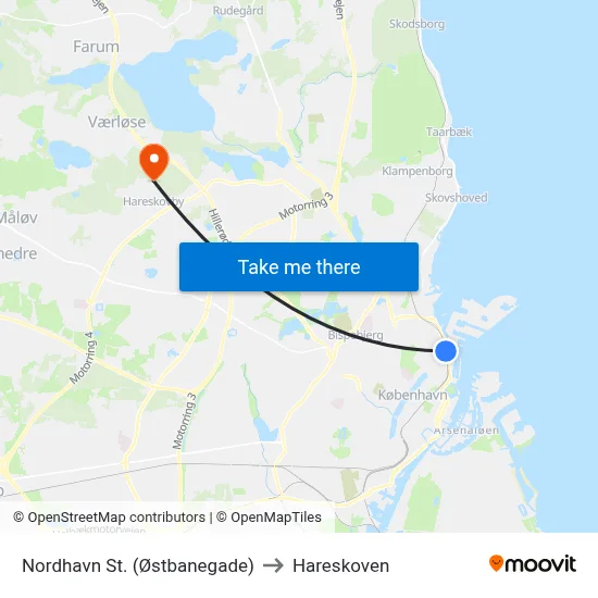 Nordhavn St. (Østbanegade) to Hareskoven map