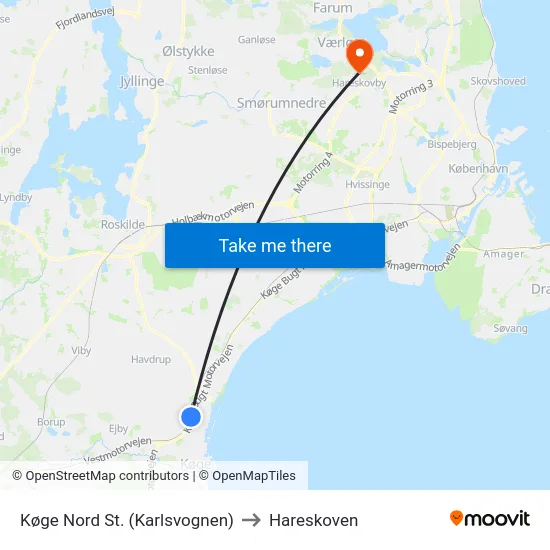 Køge Nord St. (Karlsvognen) to Hareskoven map