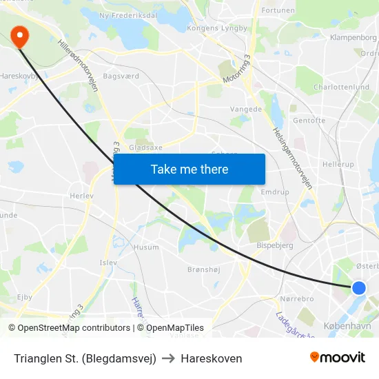 Trianglen St. (Blegdamsvej) to Hareskoven map