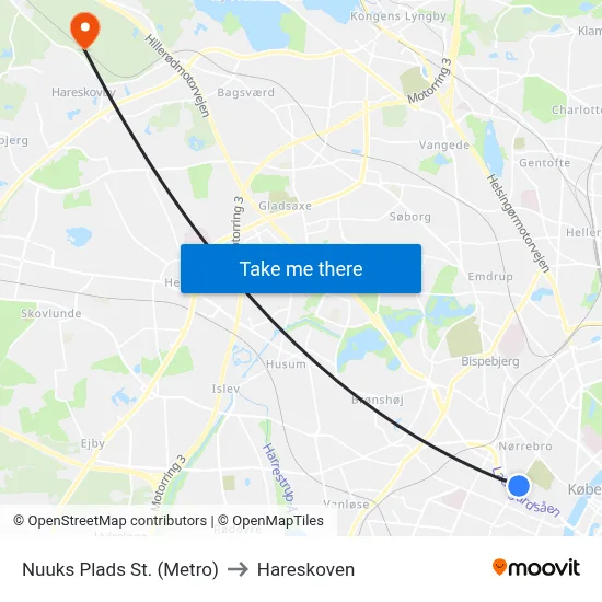 Nuuks Plads St. (Metro) to Hareskoven map