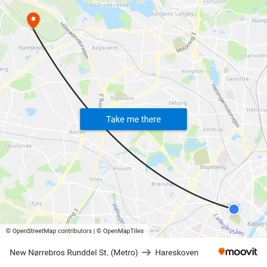 New Nørrebros Runddel St. (Metro) to Hareskoven map