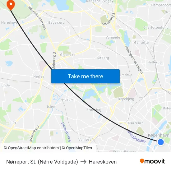 Nørreport St. (Nørre Voldgade) to Hareskoven map