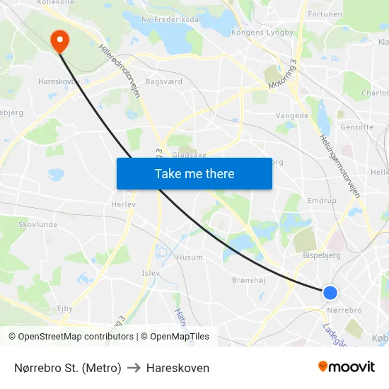 Nørrebro St. (Metro) to Hareskoven map