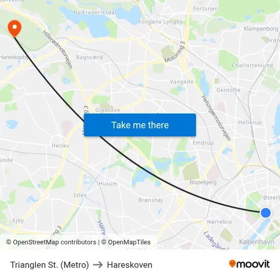 Trianglen St. (Metro) to Hareskoven map