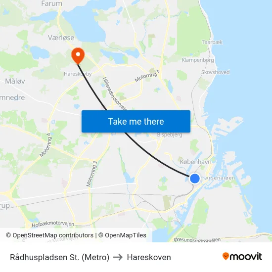 Rådhuspladsen St. (Metro) to Hareskoven map