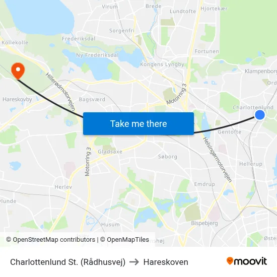 Charlottenlund St. (Rådhusvej) to Hareskoven map