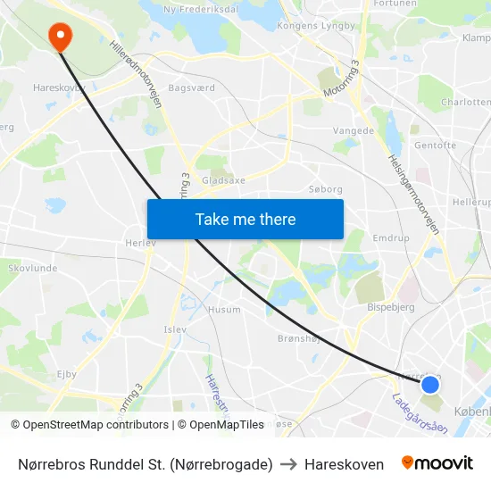 Nørrebros Runddel St. (Nørrebrogade) to Hareskoven map