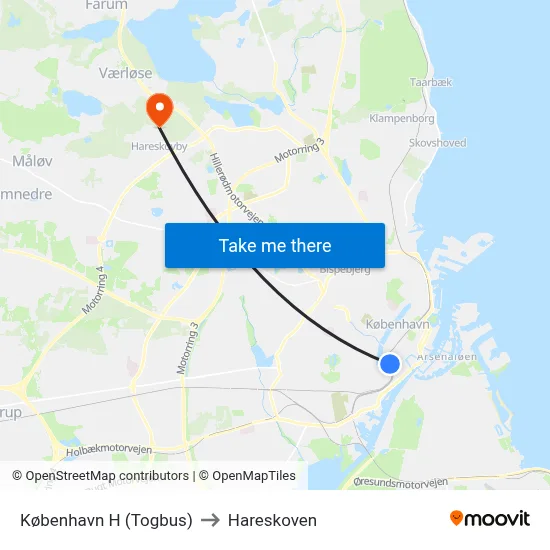 København H (Togbus) to Hareskoven map