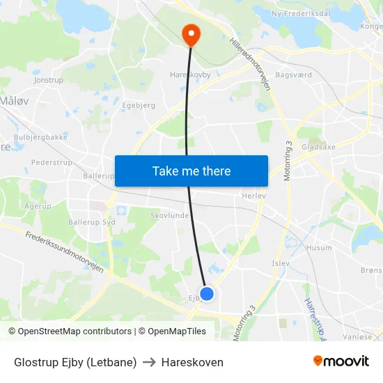 Glostrup Ejby (Letbane) to Hareskoven map