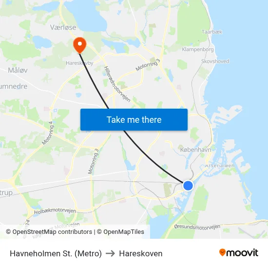 Havneholmen St. (Metro) to Hareskoven map