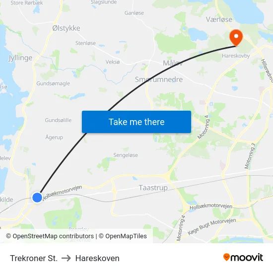 Trekroner St. to Hareskoven map