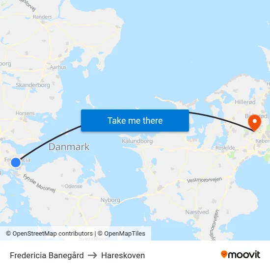 Fredericia Banegård to Hareskoven map