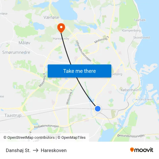 Danshøj St. to Hareskoven map