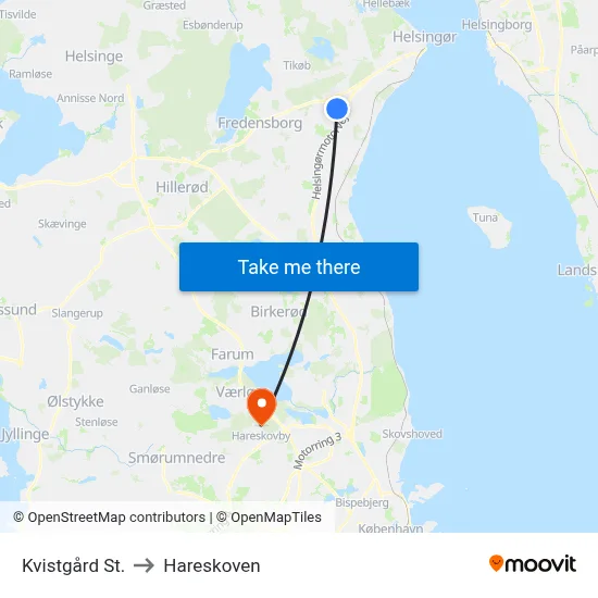 Kvistgård St. to Hareskoven map
