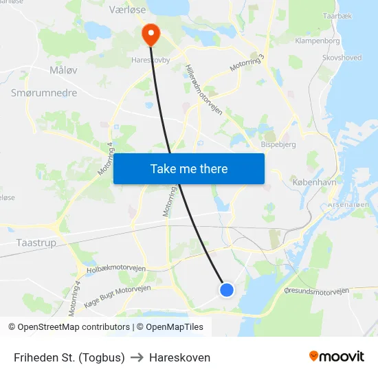 Friheden St. (Togbus) to Hareskoven map