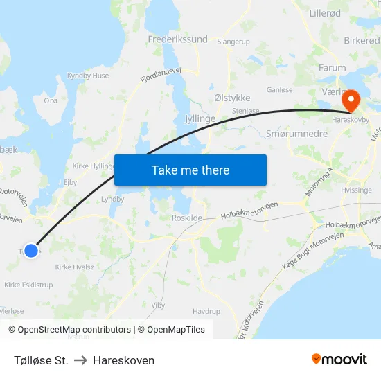 Tølløse St. to Hareskoven map