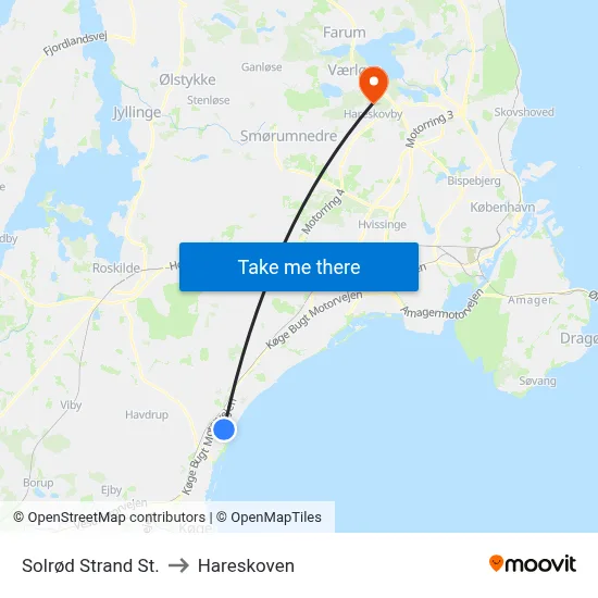 Solrød Strand St. to Hareskoven map
