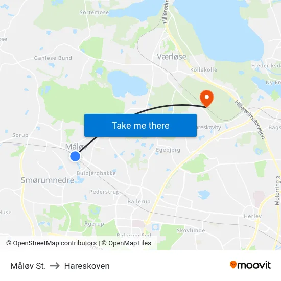 Måløv St. to Hareskoven map