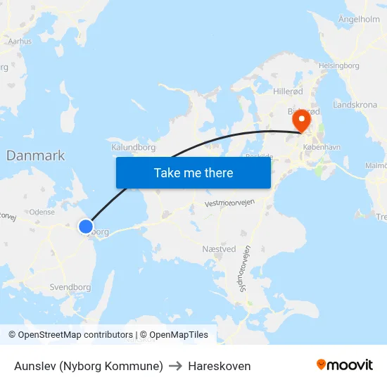 Aunslev (Nyborg Kommune) to Hareskoven map