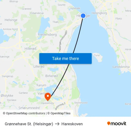 Grønnehave St. (Helsingør) to Hareskoven map