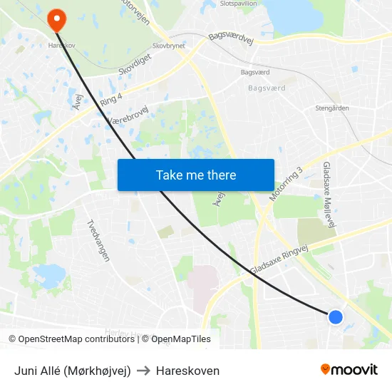Juni Allé (Mørkhøjvej) to Hareskoven map