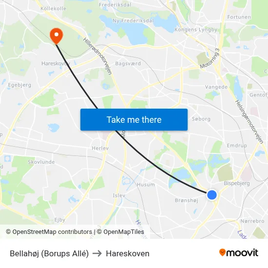 Bellahøj (Borups Allé) to Hareskoven map