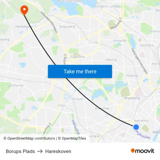 Borups Plads to Hareskoven map
