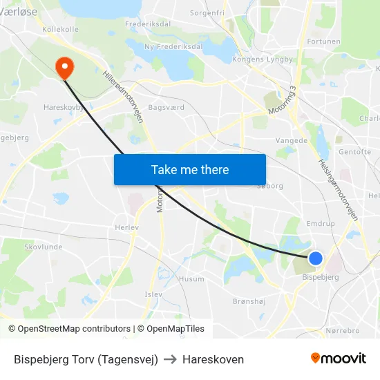 Bispebjerg Torv (Tagensvej) to Hareskoven map