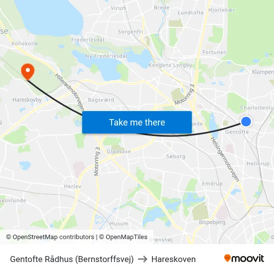 Gentofte Rådhus (Bernstorffsvej) to Hareskoven map