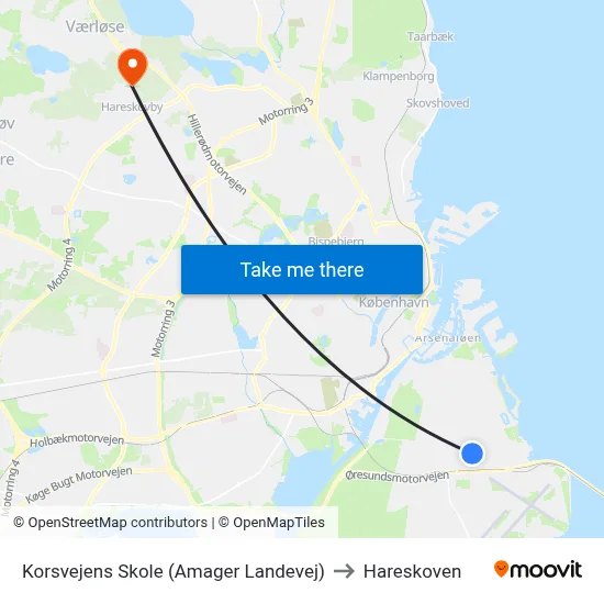 Korsvejens Skole (Amager Landevej) to Hareskoven map