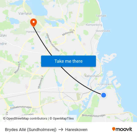 Brydes Allé (Sundholmsvej) to Hareskoven map