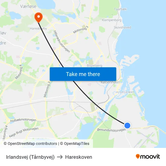 Irlandsvej (Tårnbyvej) to Hareskoven map
