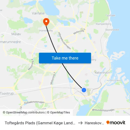 Toftegårds Plads (Gammel Køge Landevej) to Hareskoven map