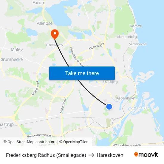 Frederiksberg Rådhus (Smallegade) to Hareskoven map