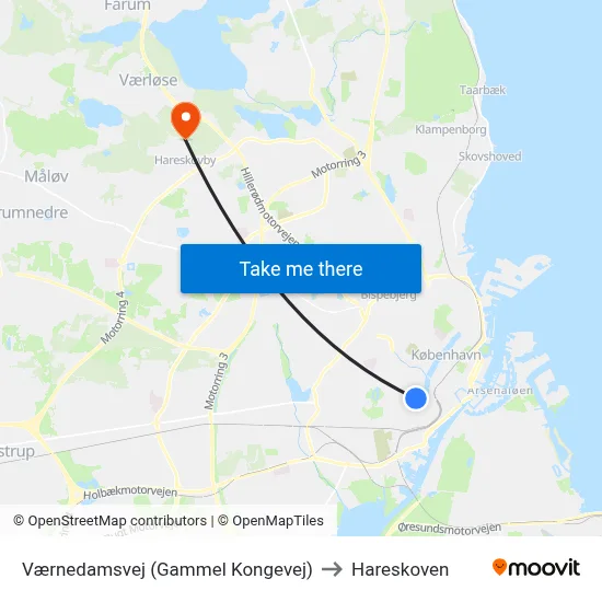 Værnedamsvej (Gammel Kongevej) to Hareskoven map