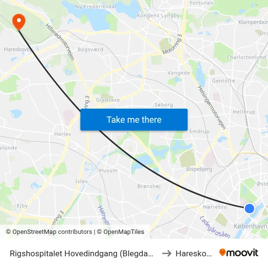 Rigshospitalet Hovedindgang (Blegdamsvej) to Hareskoven map