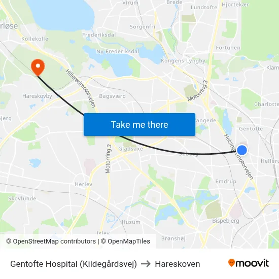 Gentofte Hospital (Kildegårdsvej) to Hareskoven map