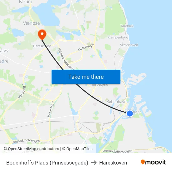Bodenhoffs Plads (Prinsessegade) to Hareskoven map