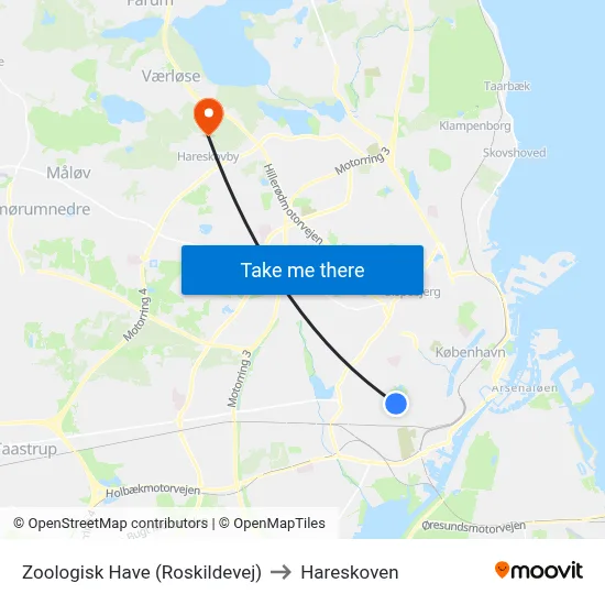 Zoologisk Have (Roskildevej) to Hareskoven map